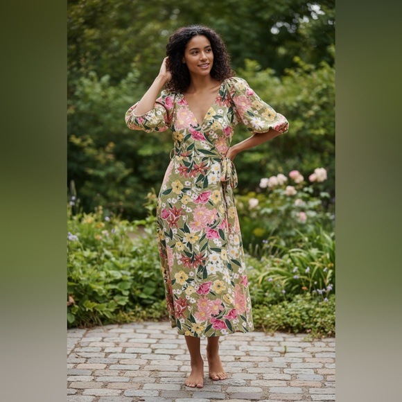 Vici Floral Puff Sleeve Wrap Midi Dress Size Small - Picture 2 of 10